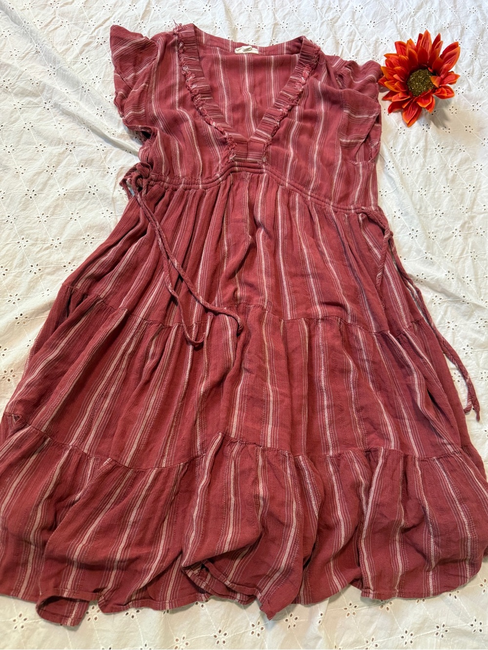 🌻a.n.a Mauve-Red Striped V-Neck Ruffle Midi Dress